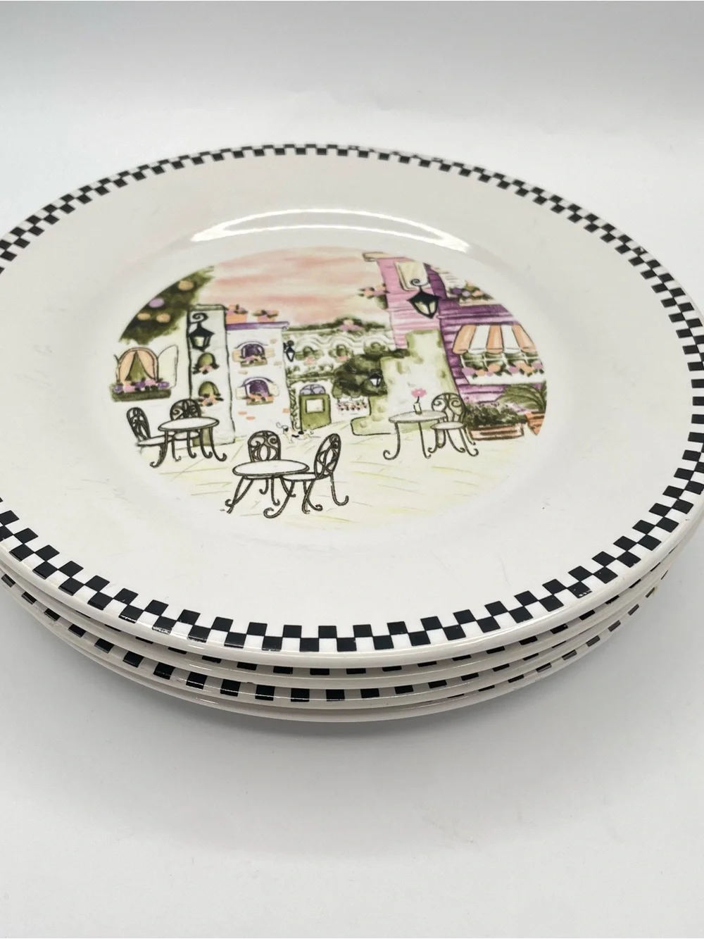 Set of 4 Bistro Cafe Scene Salad  Plates  7.75” Black Check Border Ceramic